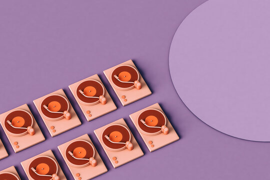 3D illustration of pink vinyl players with copy space