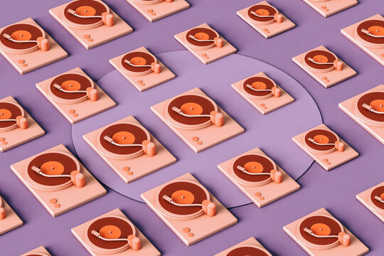 Vinyl players in different sizes on colorful background