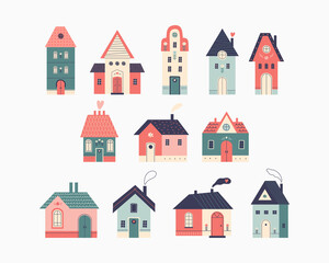 Colored set of small tiny houses and small buildings in Scandinavian style. Urban and village house exterior with tiled roofs, windows, doors, chimneys with smoke. Hand drawn vector flat illustration.