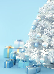 おしゃれな白いクリスマスツリーとプレゼント　青い背景　Merry Christmas and New Year holidays background.	