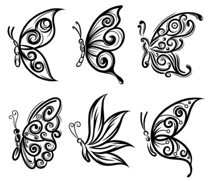 Collection of silhouettes butterflies elegant for tattoo design