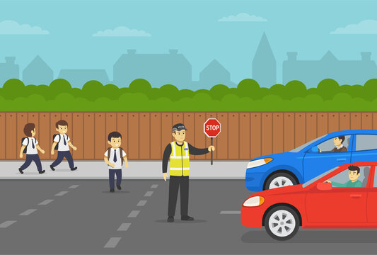 European traffic police officer holding a stop sign and stopping the flow of traffic. Cop helping school children to cross the road. Flat vector illustration template.