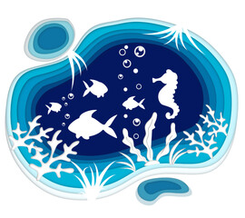 Fototapeta na wymiar Paper art of the fish in under water world with fish, sea horses and plants in a paper cut style. vector art and illustration. 