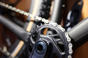Fototapeta na wymiar Mountain black bike pedal and chain view