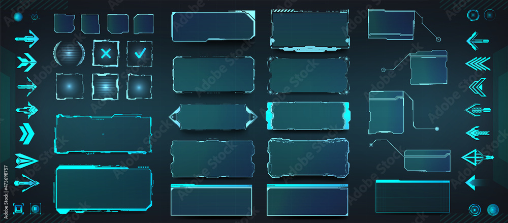 Poster HUD elements set - frame screen, arrows, callouts, button, futuristic UI bars. Hi-tech elements for Futuristic User Interface. HUD, UI Bars. Digital tech panels, sci-fi window display, frame. Vector