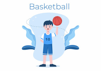Happy Young Man Playing Basketball Flat Design Illustration Wearing Basket Uniform in Outdoor Court for Background, Poster or Banner