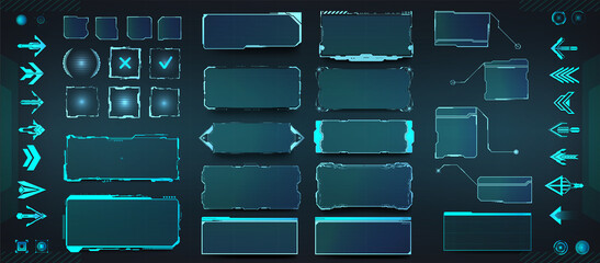 HUD elements set - frame screen, arrows, callouts, button, futuristic UI bars. Hi-tech elements for Futuristic User Interface. HUD, UI Bars. Digital tech panels, sci-fi window display, frame. Vector © SergeyBitos