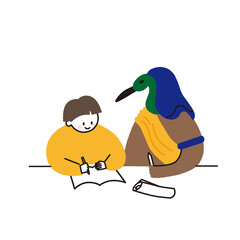 Vector illustration of a child studying next to Toto, the god of wisdom in Egyptian mythology.