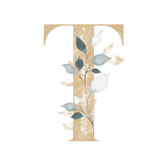 cold blue and gold creative floral watercolor alphabet letter