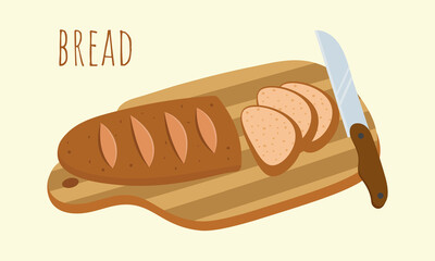 Sliced bread on a wooden cutting  board with knife. Isolated vector illustration.