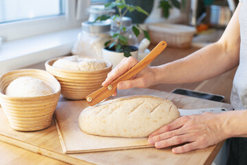 Preparations of sourdough Bread in rasstoechnye rattan baskets are on the table . The girl makes incisions with a knife and puts it in the oven to bake.