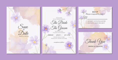 Hand painted of beautiful cosmos flowers watercolor as wedding invitation template.