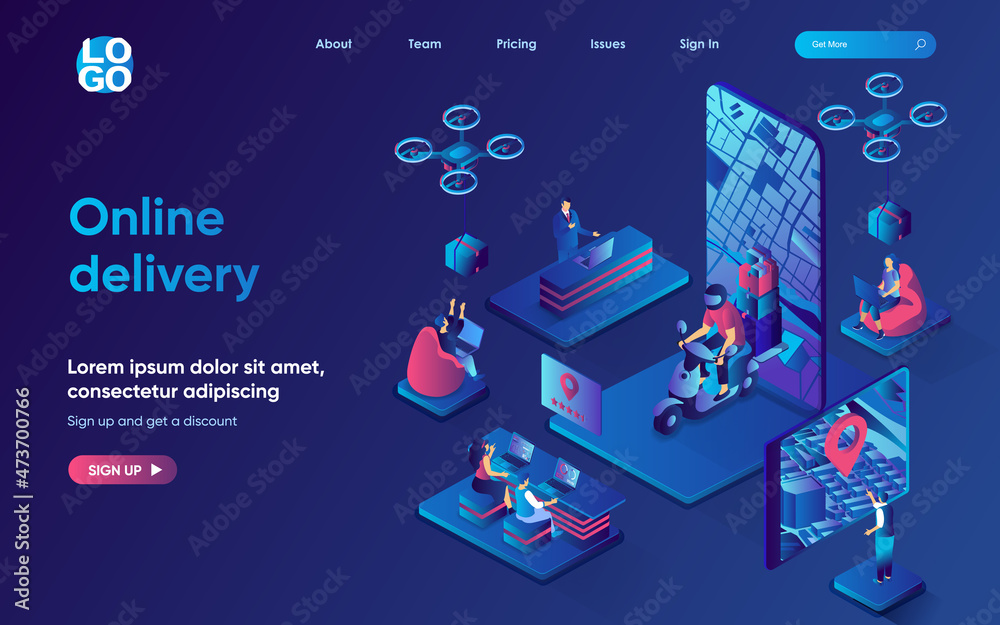 Poster online delivery concept isometric landing page. fast shipping of orders by courier, flying drones wi