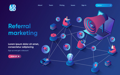 Referral marketing concept isometric landing page. Users recommend and share, loyalty program, social media marketing, 3d web banner template. Vector illustration with people scene in flat design