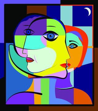 Colorful abstract background, cubism art style, faces