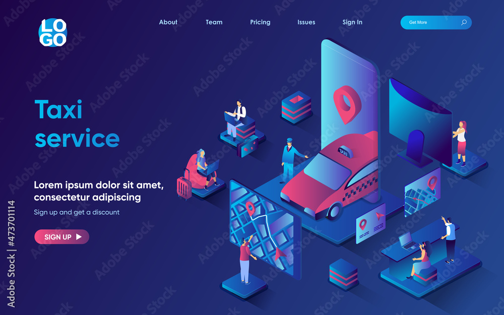 Poster taxi service concept isometric landing page. online car booking, transportation and route tracking l
