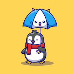 Cute Penguin With Cute Umbrella Cartoon Vector Icon Illustration. Animal Nature Icon Concept Isolated Premium Vector. Flat Cartoon Style