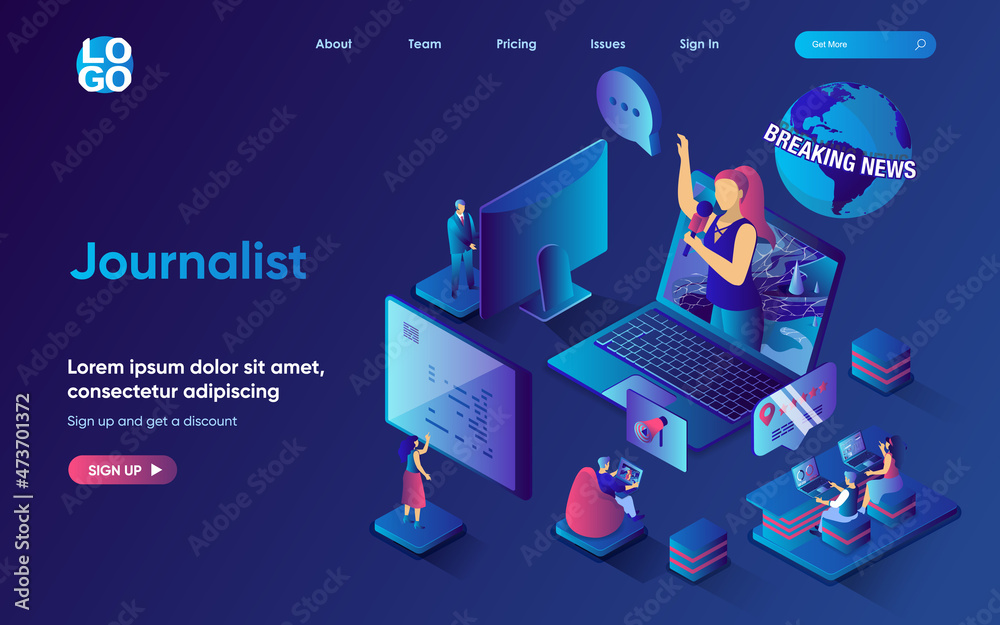 Aufkleber Journalist concept isometric landing page. Team creates news program in studio, writes articles for online newspapers, 3d web banner template. Vector illustration with people scene in flat design