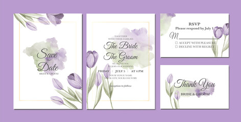Hand painted of beautiful tulip flowers watercolor as wedding invitation template.