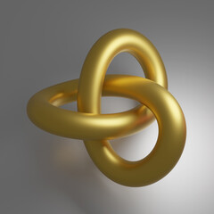 A gold wire tied in a knot on a gray background. A shiny torus of yellow color, tied in an endless knot. 3D render.