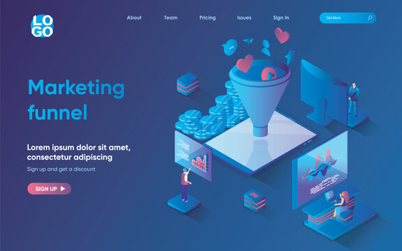 Marketing funnel concept isometric landing page. Team attracts new customers making purchases and generating sales, 3d web banner template. Vector illustration with people scene in flat design