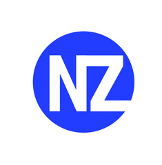 NZ Letters Comapny initial monogram. NZ letters on blue round.