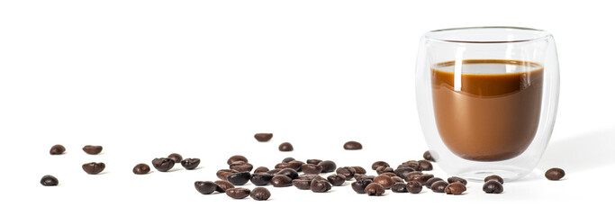 Espresso coffee glass and coffee beans isolated on white background. Glass cup with coffee beans.