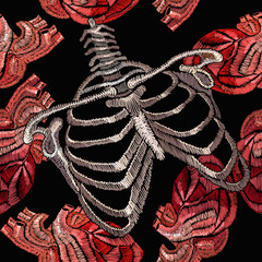 Embroidery skeleton, rib cage and anatomical human heart. Dark romantic art. Gothic seamless pattern