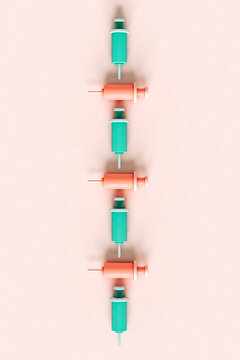 3D render of syringes in a vertical row. pastel colors.
