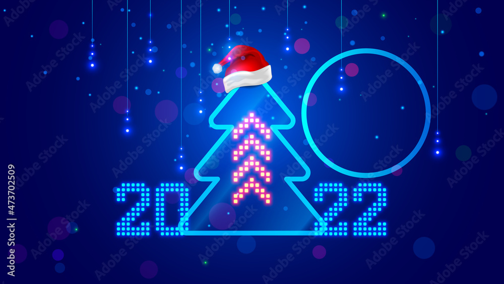 Fototapete 2022 Template New Year and Christmas cards in computer technologies style . Christmas tree, number year 2022 in form of pixels on screen computer. Template greeting card of business partners. Vector