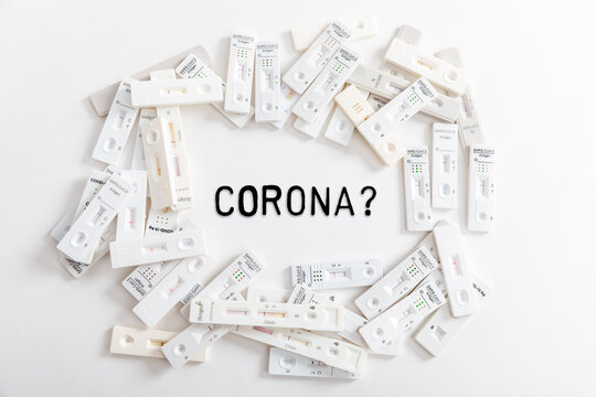 Covid Rapid antigen tests on white background with text corona
