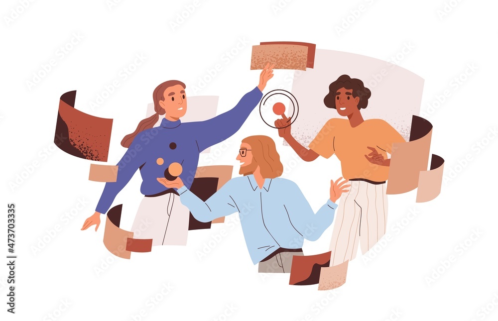 Poster Team work at abstract project in technology space. Business process automation concept. People interact with cyberspace during teamwork. Flat graphic vector illustration isolated on white background