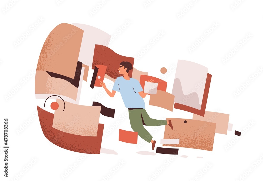 Poster Business person in abstract work flow. Employee in technology cyber space. Information analysis and streamline concept. Man during research. Flat vector illustration isolated on white background