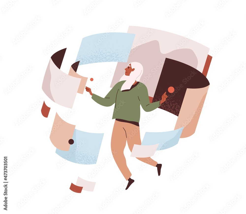 Poster Business person work with abstract data and information. Workflow automation concept. Creative employee organizing and managing cyber space. Flat vector illustration isolated on white background
