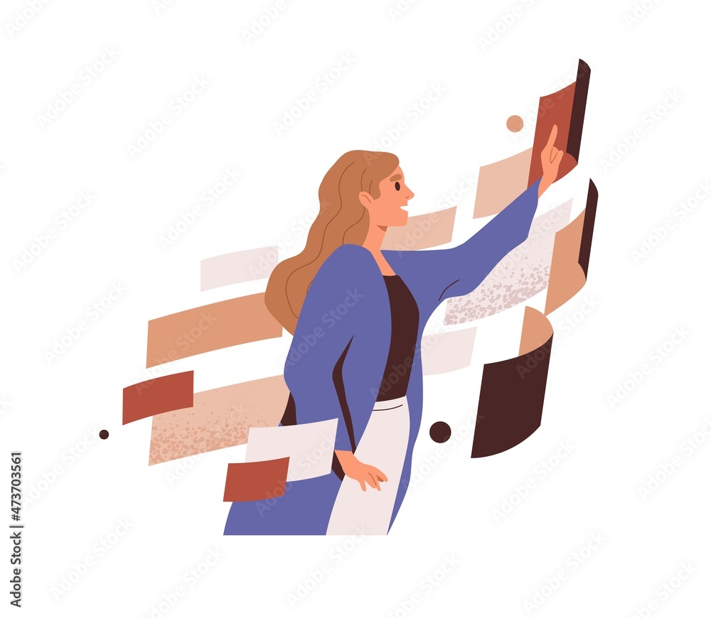 Poster Abstract data analysis. Person work with systems and structures, analyze information. Business technology and workflow automation concept. Flat graphic vector illustration isolated on white background
