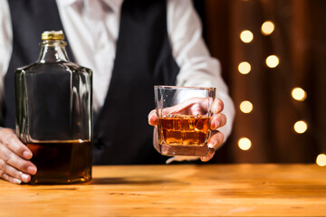 Bartender Serve Whiskey, on wood bar, 