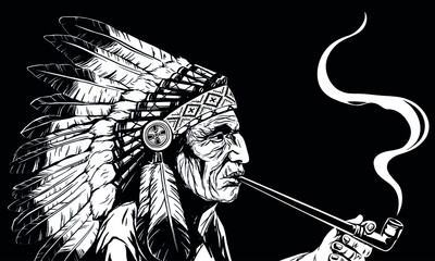Black and white vector illustration of an old Native American Indian in feathers war bonnet who smokes a pipe of peace