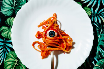 scary eye in a plate of tagliatelle