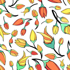 Hand drawn doodle tulip flowers irregular seamless pattern. Red, orange and yellow floral motifs random repeat surface design. Endless texture on white background for textile, stationery or gift paper