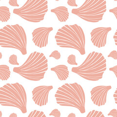 Pastel flat silhouette sea shells seamless pattern for fabric, textile, apparel, cloth, interior, stationery, package. Modern pink aquatic endless texture. Tropical ocean shells editable design.
