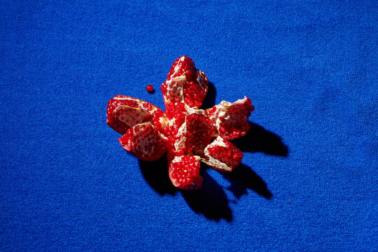open pomegranate on a blue fabric surface