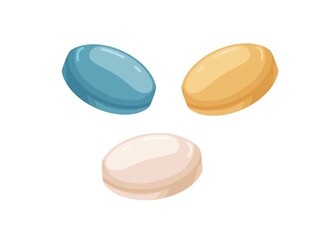 Round hard candies. Sweet sugar suckers. Circle caramels with different flavors. Tablet lollipops set. Glossy lollies. Realistic flat vector illustration of yummy snacks isolated on white background