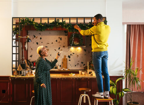 Mother and son at home on Christmas time.