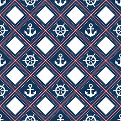 Nautical elements. Naval seamless pattern. Marine symbols: steering wheel, helm, anchor. Vector illustration Isolated on white background. Geometric ornament. Design wrapping paper and baby clothes