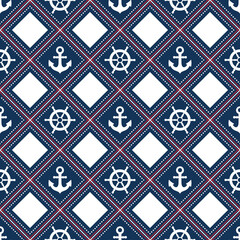 Nautical elements. Naval seamless pattern. Marine symbols: steering wheel, helm, anchor. Vector illustration Isolated on white background. Geometric ornament. Design wrapping paper and baby clothes