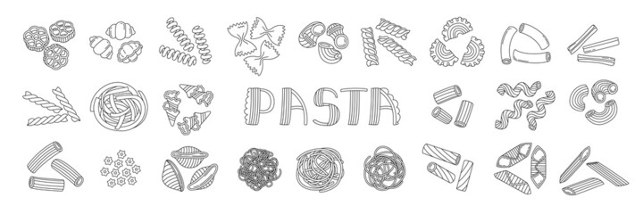 Pasta bundle. Italian macaroni illustration set. Doodle vector food sketch. Rigatoni, fusilli and garganelli. Noodle, stelle, conchiglie and spaghetti. Farfalle, tortiglioni, pipe rigate and penne