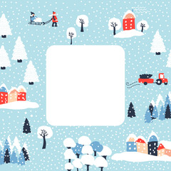 Winter frame with cozy houses, white trees, snowfall, people and truck. Snow landscape. Vector background. Ideal for poster, postcard  for Merry Christmas, Happy New year