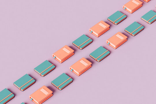 3D Books arranged in a row on a violet background