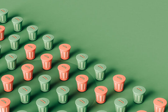pink and green trash bins with copy space. 3D render