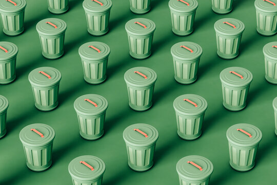 pattern of green trash bins. 3D recycling concept